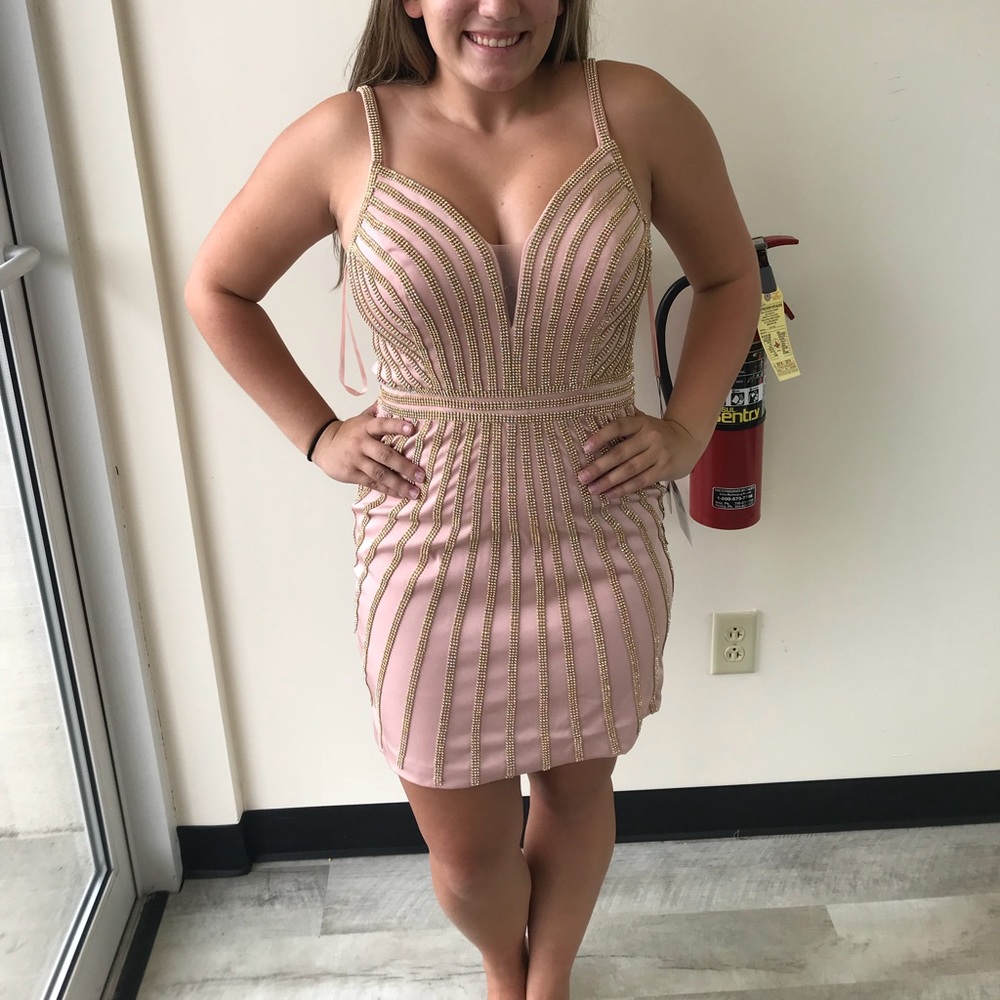 A light pink and gold dress
